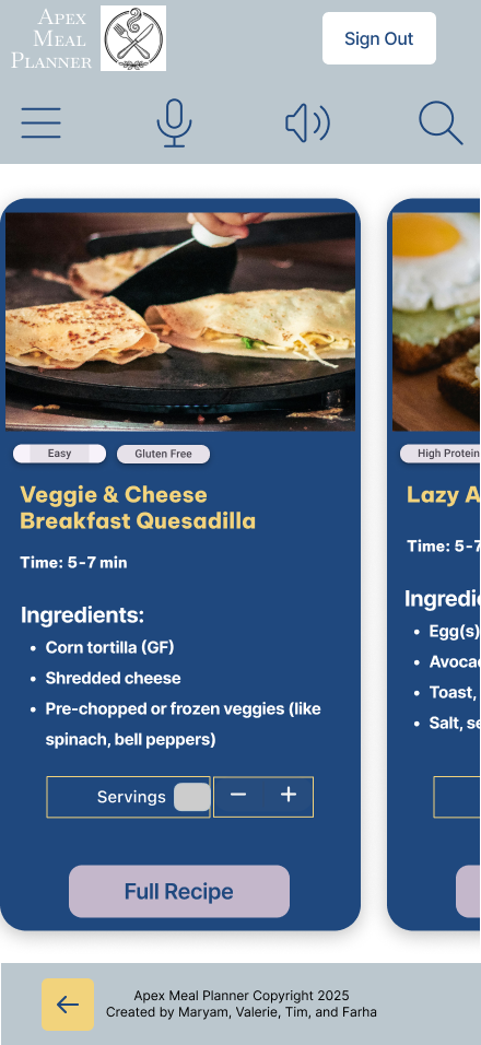 Meal Planner UX prototype showing weekly meal planning interface