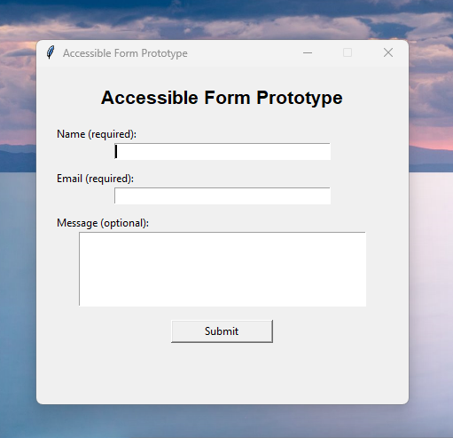 Accessible form prototype showing labeled inputs and validation